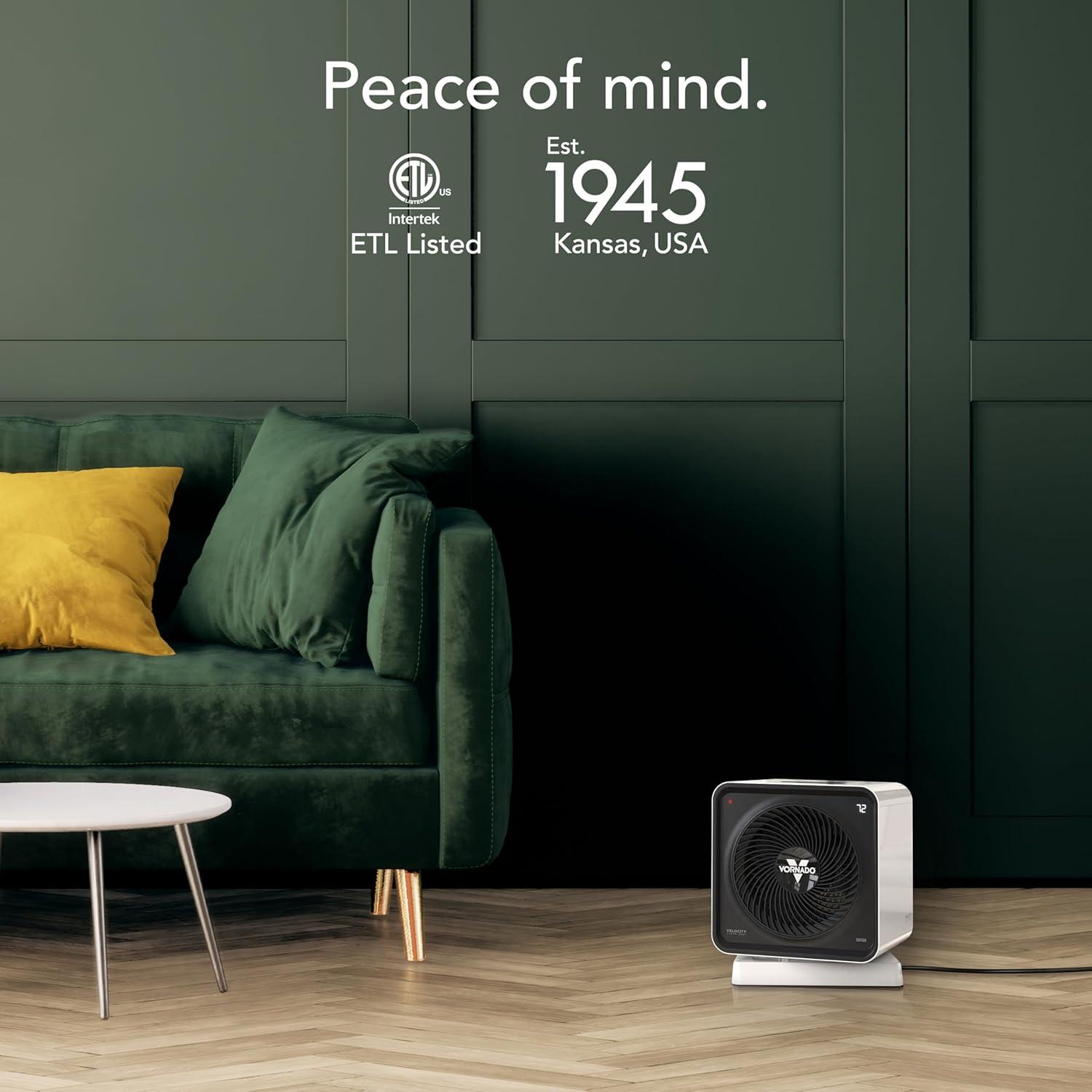 imageVornado Velocity CUBE 5 OSC Whole Room Space Heater with 70 Oscillation Remote Control Vortex Heat Circulation LED Touch Controls 112 Hour Timer Advanced Safety AutoClimate Control White